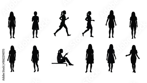 Silhouettes of women in various poses against a plain white background