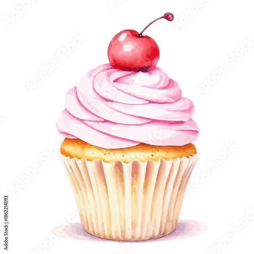 Delicious pink frosted cupcake with cherry on top