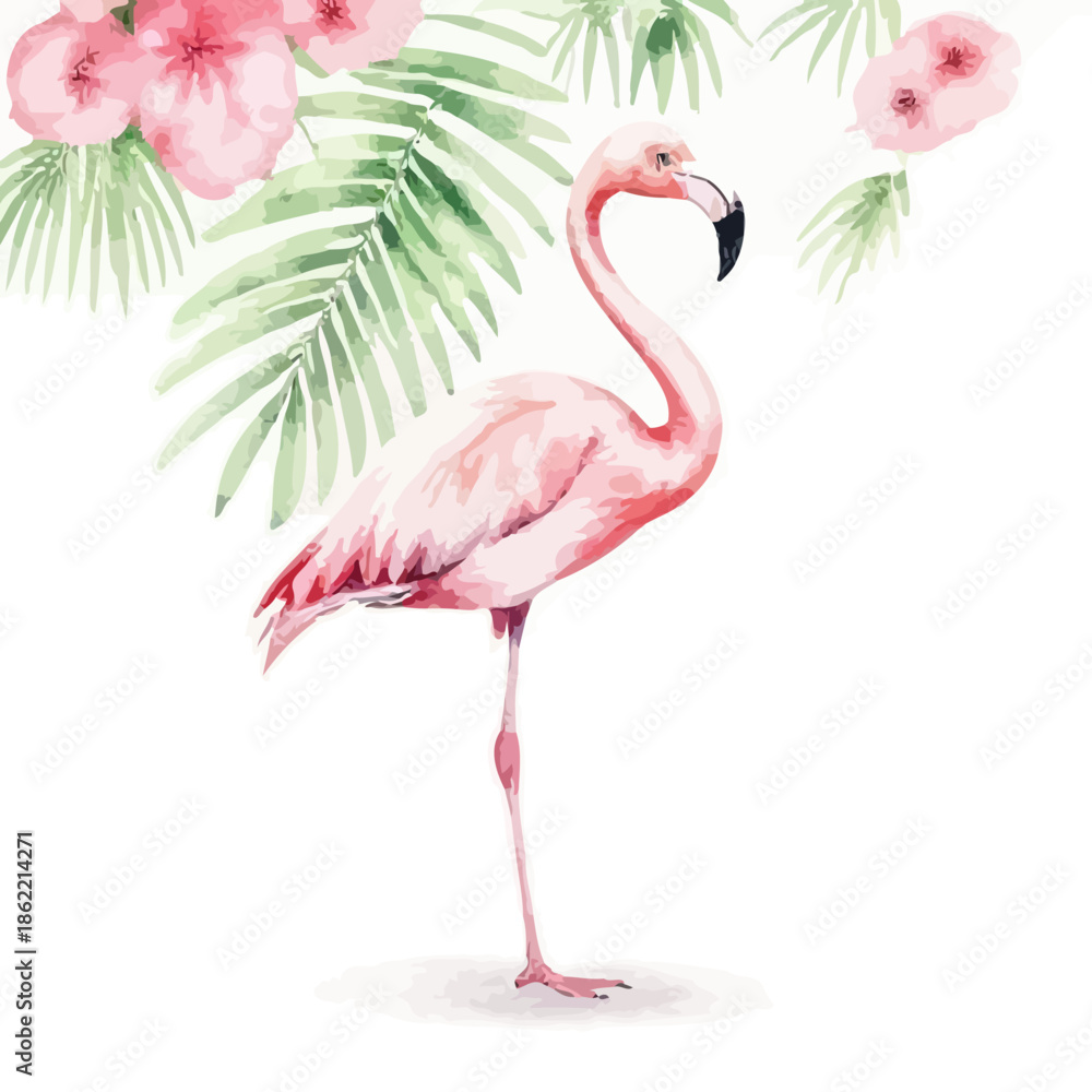 Fototapeta premium Pink Flamingo Standing Under Tropical Flowers and Leaves