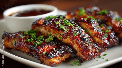Delicious Close Up BBQ Glazed Ribs with Sauce Food Still Life