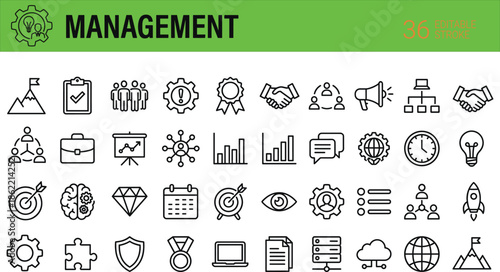 Large Set of Business Management Line Icons Featuring Teamwork Strategy Analysis Marketing Startup Success Finance Data and Project Development Growth Symbols