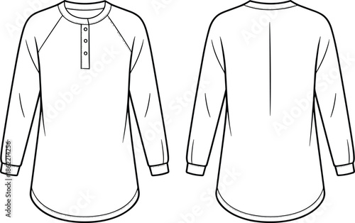 Long sleeve henley shirt technical illustration, front and back views, casual apparel flat design, fashion clothing template isolated on white background