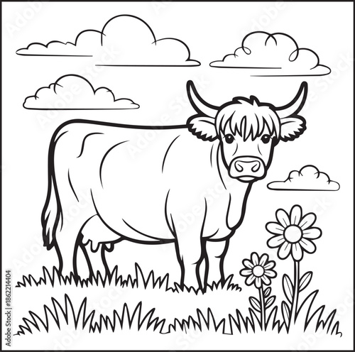 Highland cow in nature scene black outline vector element coloring page for kids and adults