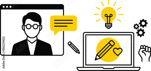 Online Education Concept Featuring Male Teacher on Screen with Laptop Creative Idea Lightbulb and Pencil Icons for Digital Learning and Tutorials