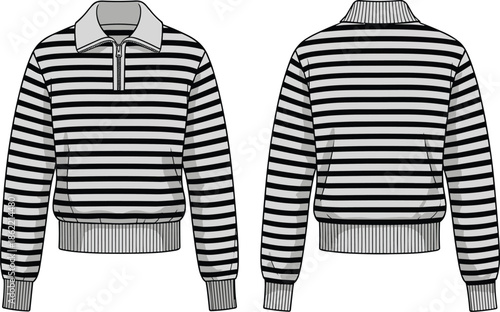 Striped pullover jacket technical illustration, front and back views, zip neck sweater design, fashion apparel line art isolated on white background