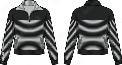 Striped pullover sweater front and back views, mens casual knitwear apparel, long sleeve zip neck fashion illustration vector template design
