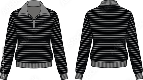 Striped sweater front and back illustration, quarter zip pullover apparel design, modern casual knitwear mockup isolated on white background