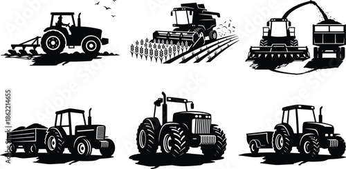 Set of agricultural machinery silhouettes including farm tractors with trailers plows and combine harvesters isolated on white background for farming icons
