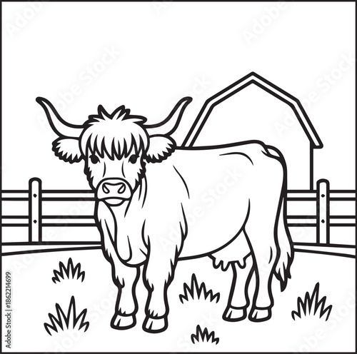 Highland cow standing in front of farm house in nature scene black outline vector element coloring page for kids and adults