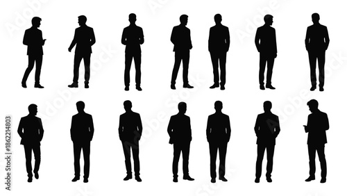 Silhouettes of business people standing in various poses against a white background