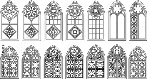 Set of Fourteen Gothic Arched Window Designs Featuring Intricate Stained Glass Patterns Tracery Rosette Medallions and Cathedral Style Architectural Line Art