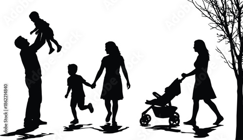 Silhouette of a Happy Family Outdoor with Parents Children and Toddler Walking in the Park with a Baby Stroller and Tree