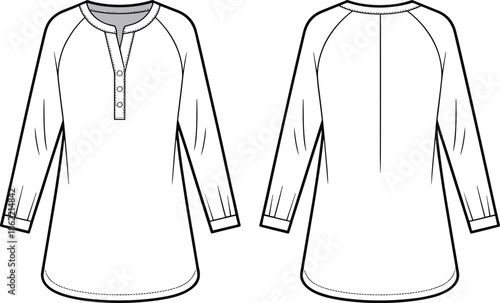 Women long sleeve tunic technical drawing, front and back view garment outline, fashion apparel template isolated on white background vector