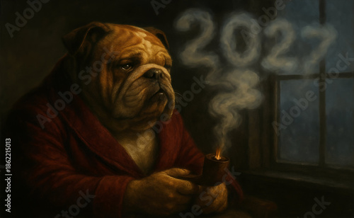 Bulldog smoking a pipe in front of a large 