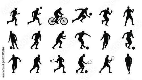 Silhouettes of people engaged in various athletic and recreational activities