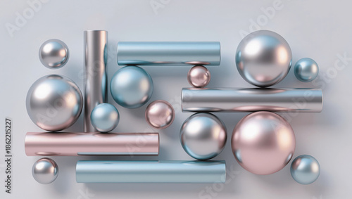 Smooth 3D cylinders and spheres arranged in a balanced abstract composition