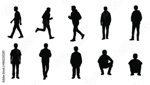 Silhouettes of people in various poses and positions depicted in black