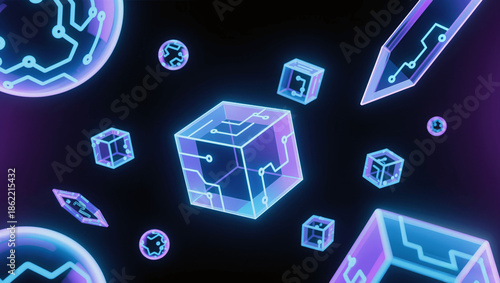 Futuristic holographic shapes floating in empty space