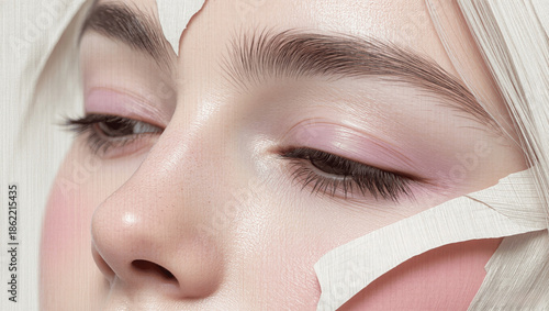 Conceptual portrait featuring skin texture and soft pink tones