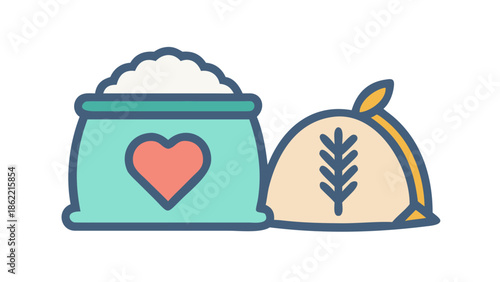 Icon of a bag of grain or rice with a heart symbol, representing Zakat Al-Fitr charity.