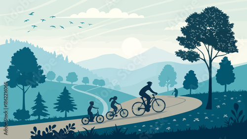 People cycling on a scenic road through a beautiful landscape