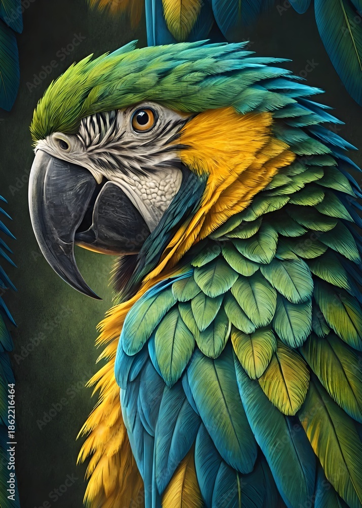 Fototapeta premium Close-up profile of a vibrant blue-and-yellow macaw with detailed feathers and sharp eye against dark background for commercial and editorial creative use