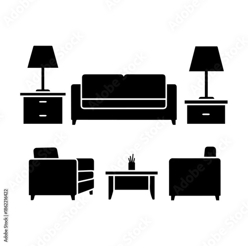 Modern living room furniture set silhouette icons including sofa, armchairs, coffee table and lamps for interior floor plan design.
