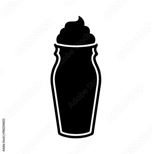 Delicious milkshake or iced coffee cup with whipped cream topping silhouette, black vector drink icon for cafe menus and treats.