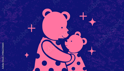 Cute mother bear holding baby bear in pink and blue