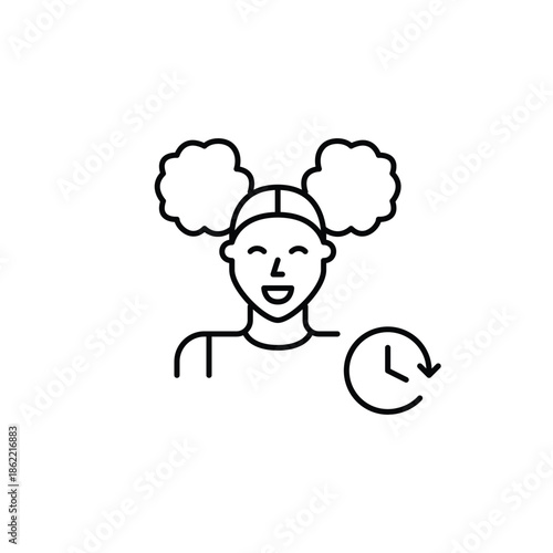 Young woman with hair buns and clock. Daily routine, timeless tracking and work schedules. Pixel perfect, editable stroke vector icon