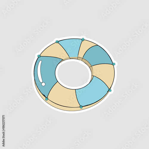 Swim ring inflatable illustration. Fun vector sticker with blue-beige striped pool float, perfect for summer vacation planners, beach fun, or water activity graphics