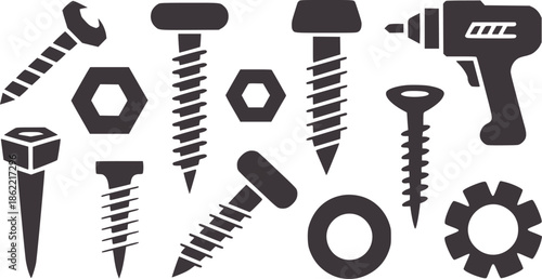 Collection of black hardware tools and fasteners