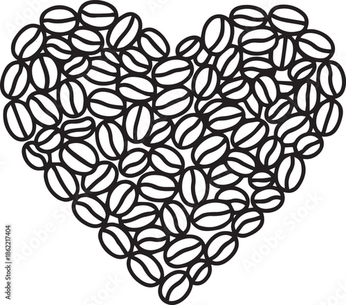 Bold line art set of coffee beans arranged in a heart shape, coffee lover gift concept.