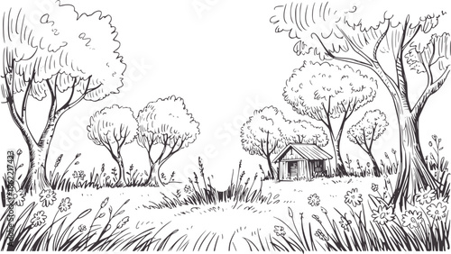 Detailed hand drawn of a rustic cabin in a forest clearing line