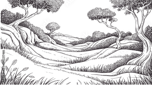Detailed monochromatic of rolling hills with trees and winding paths monochrome line