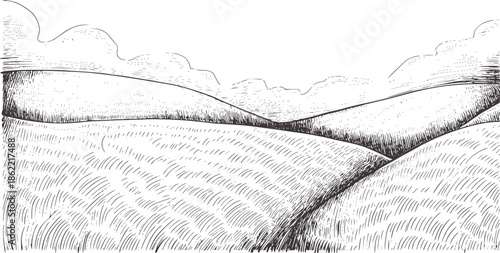 Detailed monochrome line of layered hilly terrain with shadows