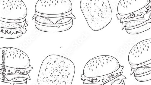 Hand drawn black and line burgers and buns