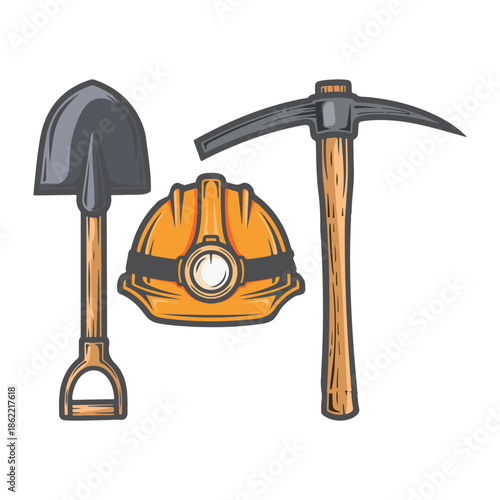 Mining industry equipment set with yellow hard hat pickaxe and shovel for worker protection