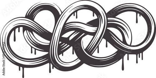 Interlocking rings symbol with dripping paint effect in black and