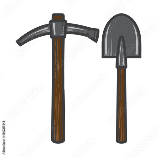 Mining pickaxe and shovel tools illustration on white background for industrial logo design