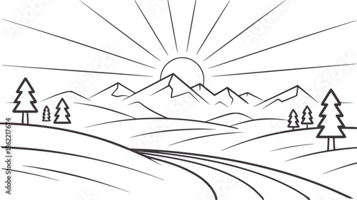 Minimalist black and line landscape with sun mountains and trees editable outline