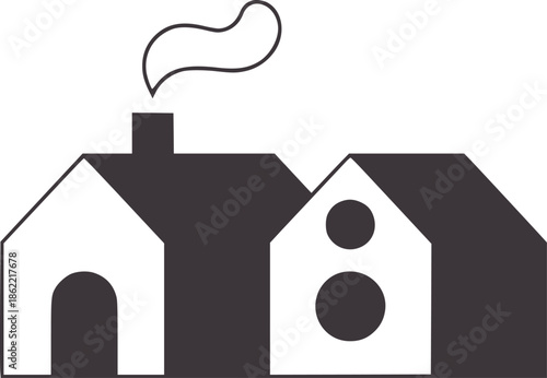 Minimalist black and of a house with chimney and smoke