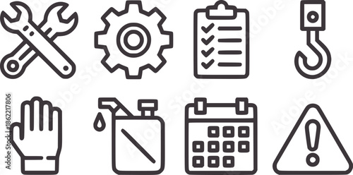 Monochrome line set with tools gear checklist hook glove fuel calendar warning editable