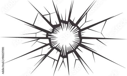 Radial shattered glass effect with sharp black fragments and bright center explosion