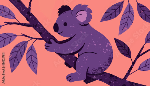 Cuddly koala resting on tree branch with leaves