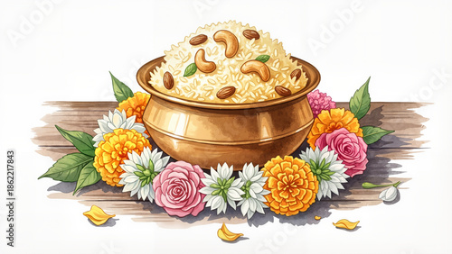 Pongal sweet rice watercolor illustration surrounded by flower garland on white background