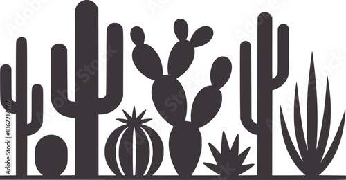 Silhouette collection of various desert cacti and succulents cactus plants