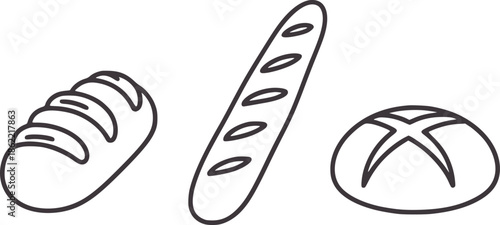 Three different types of bread loaves in black and line