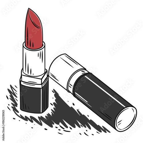 hand-drawn style illustration of two lipstick tubes on a white background. One stands upright with its red lipstick bullet exposed, while the other lies on its side (cap off) next to a black smudge.