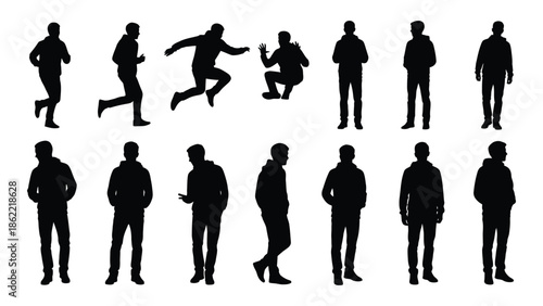 Diverse group of people silhouettes in various poses and actions